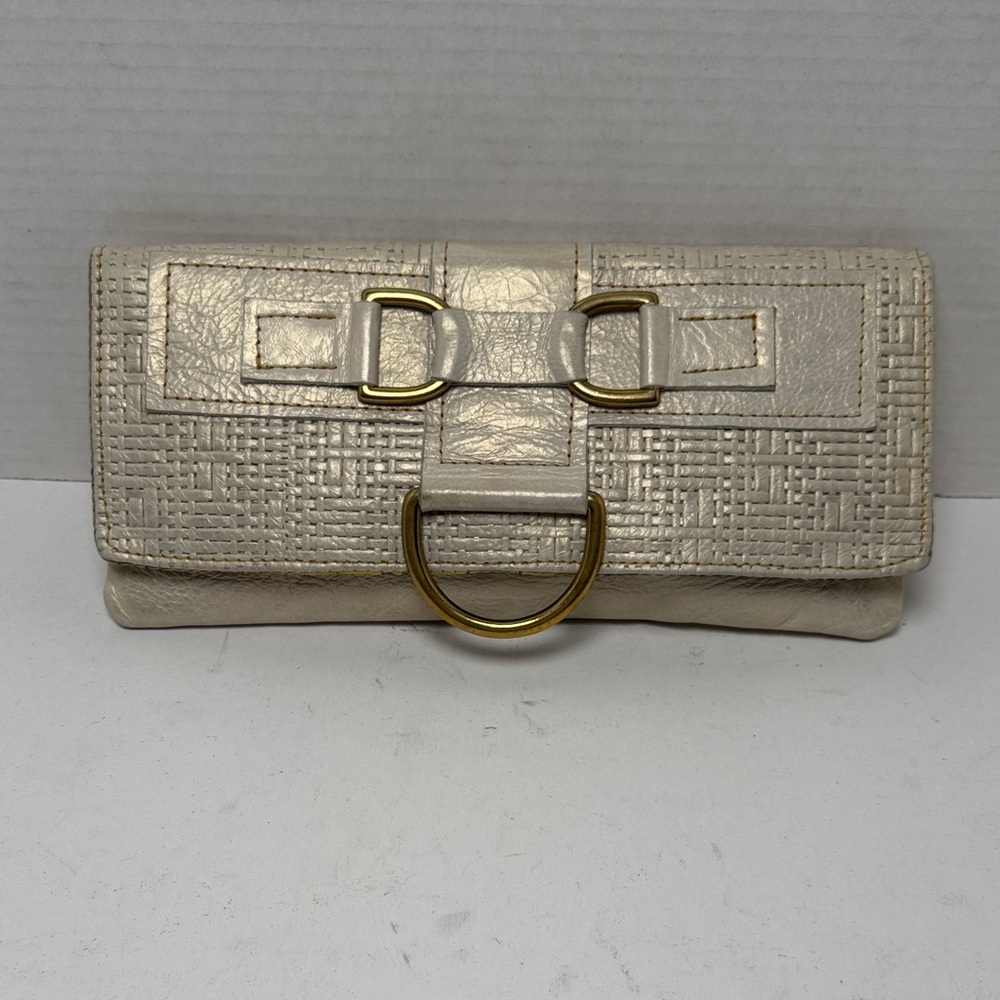 MARNIE BUGS Envelope Clutch Gold Sheen Cream Leather Gold Hardware Woven Texture